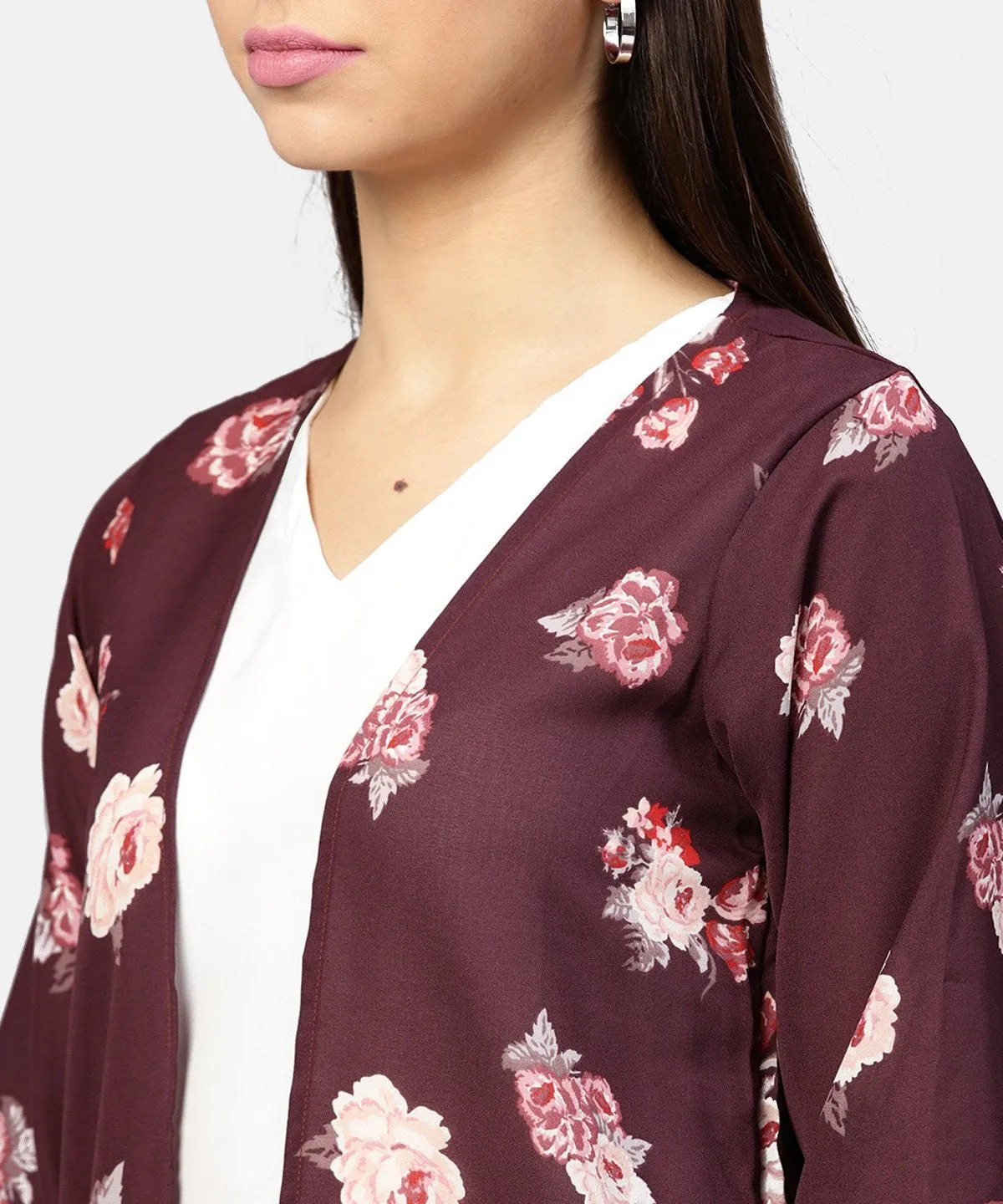 Solid V-Neck Cream Top With Floral Printed Loose-Fit 3/4Th Sleeves Open Style Cape