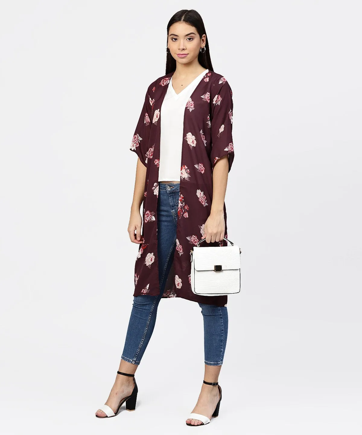 Solid V-Neck Cream Top With Floral Printed Loose-Fit 3/4Th Sleeves Open Style Cape