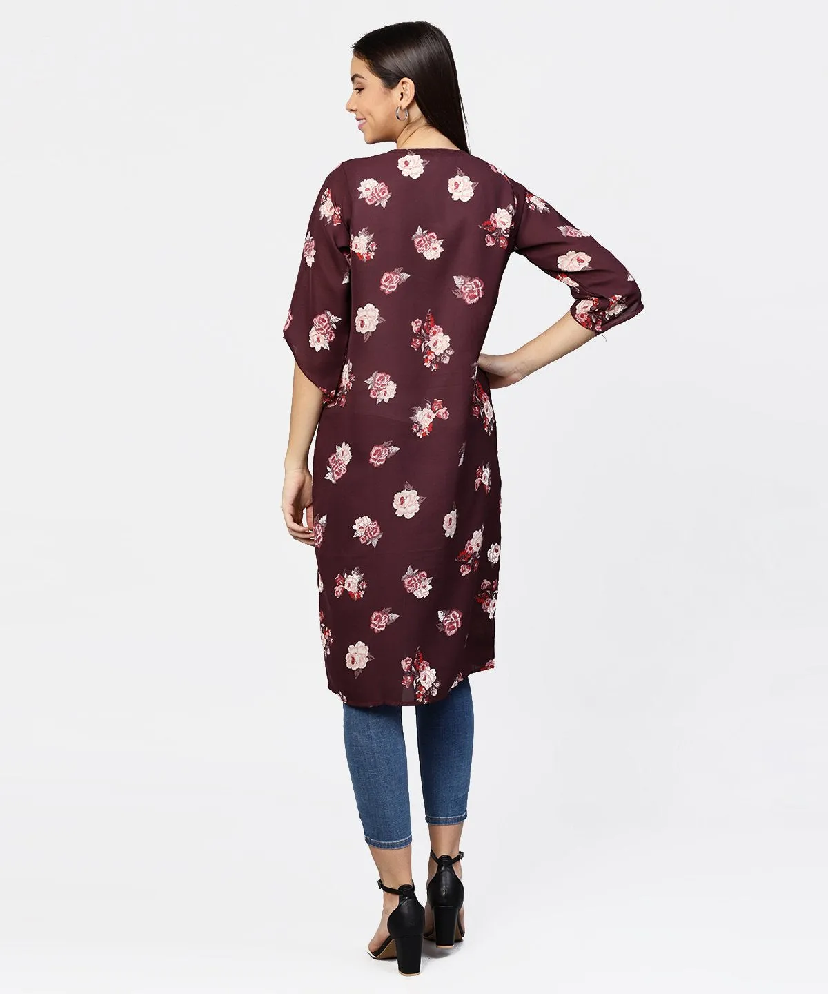 Solid V-Neck Cream Top With Floral Printed Loose-Fit 3/4Th Sleeves Open Style Cape
