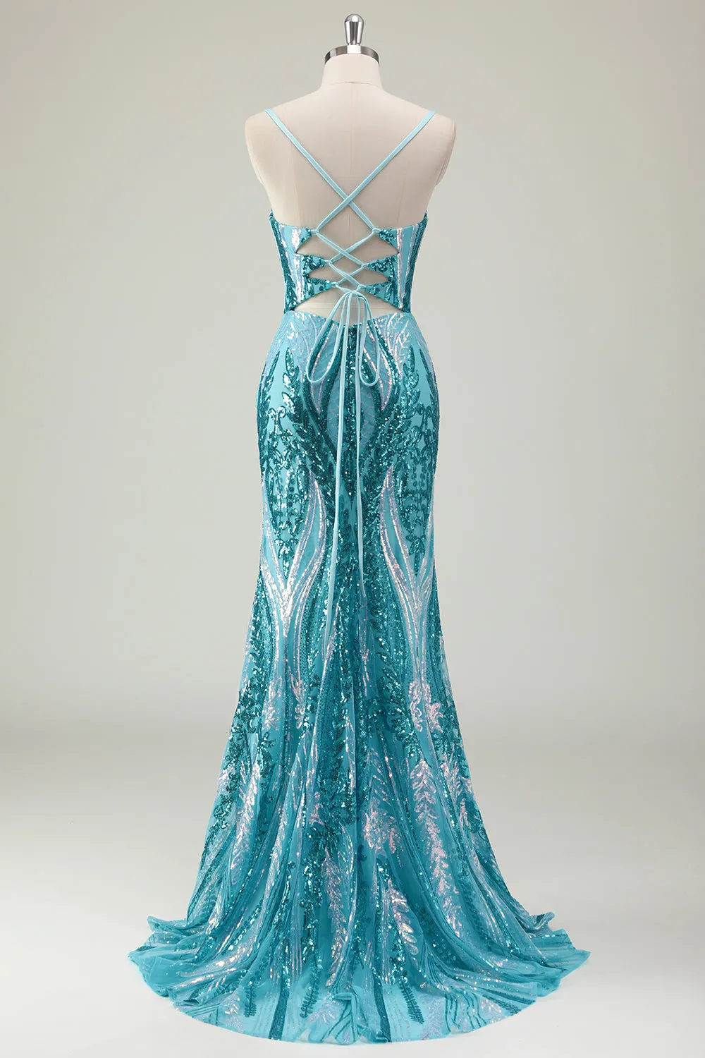 Sparkly Blue Hollow Out Mermaid Prom Dress with Slit