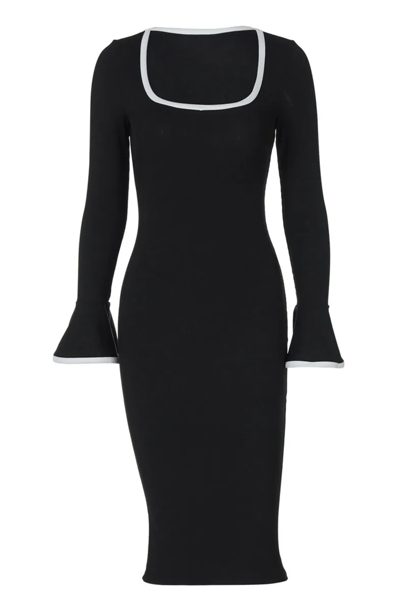 Square Neck Knit Bell Sleeve Bodycon Midi Dress
