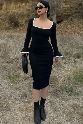 Square Neck Knit Bell Sleeve Bodycon Midi Dress
