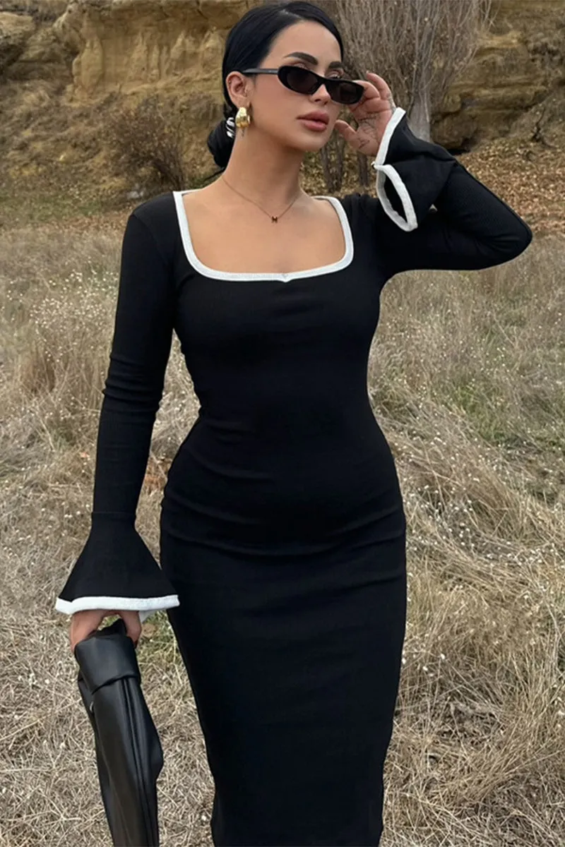 Square Neck Knit Bell Sleeve Bodycon Midi Dress
