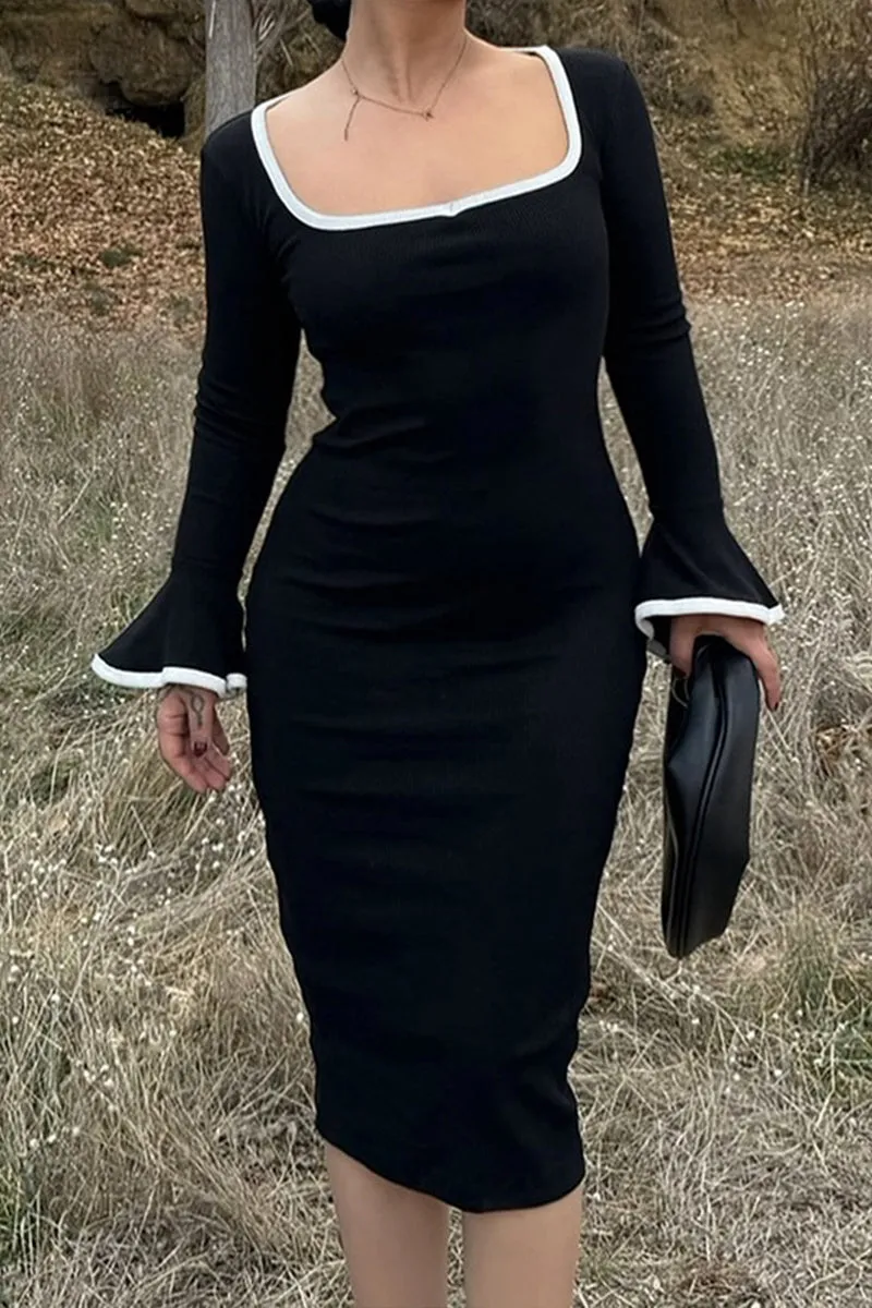 Square Neck Knit Bell Sleeve Bodycon Midi Dress