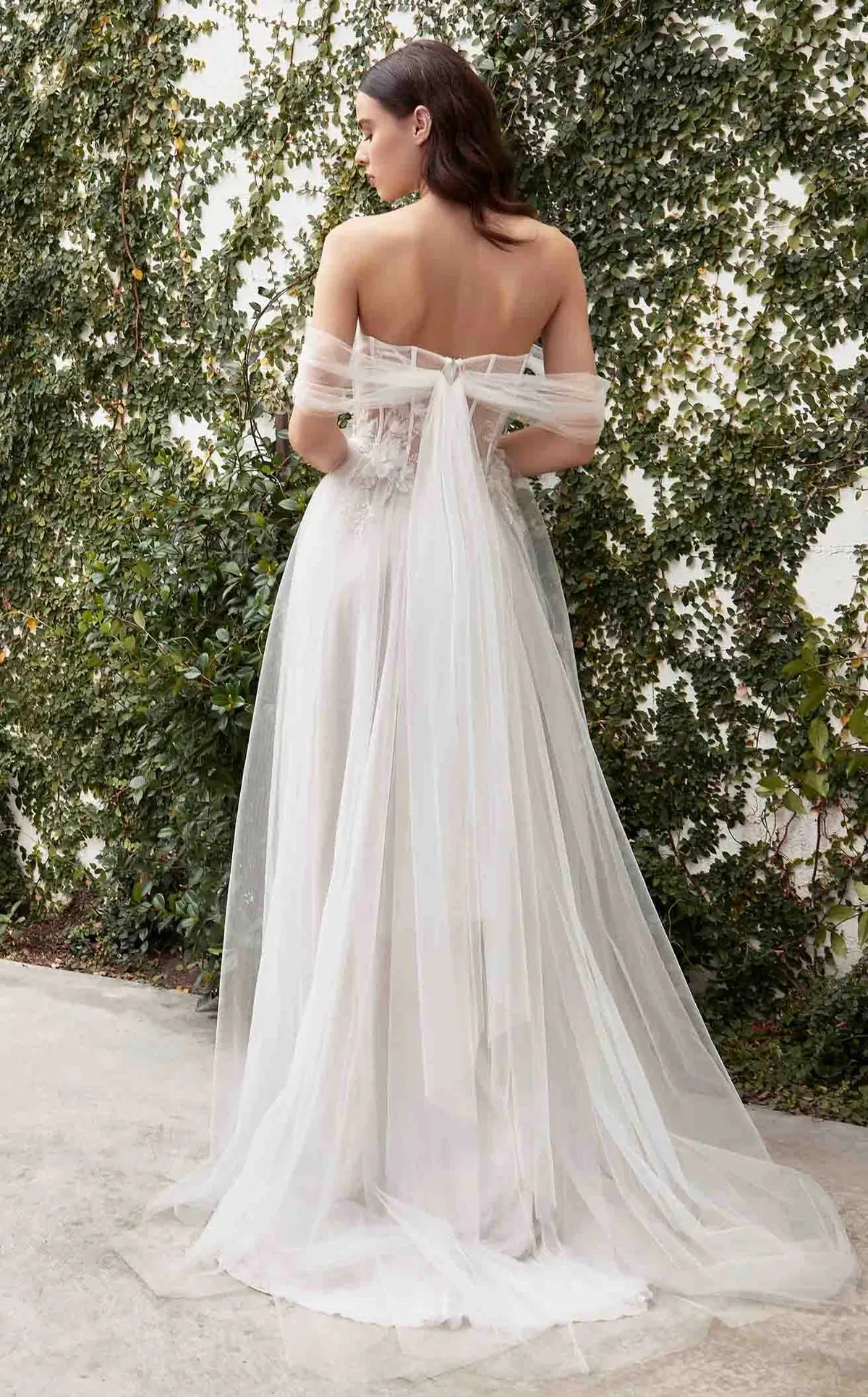 Valeria Off Shoulder Tulle Slit Wedding Dress: Off White