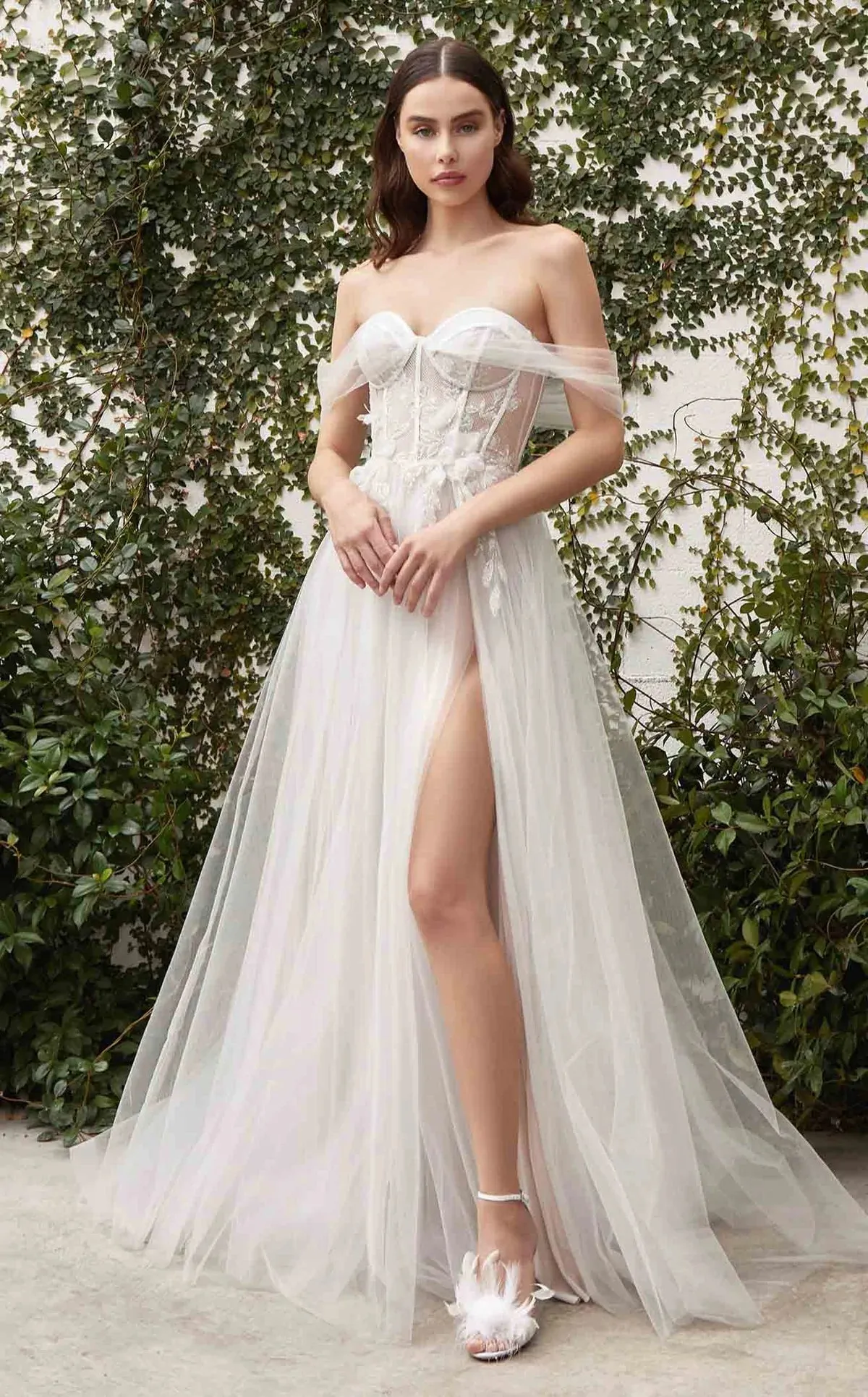 Valeria Off Shoulder Tulle Slit Wedding Dress: Off White