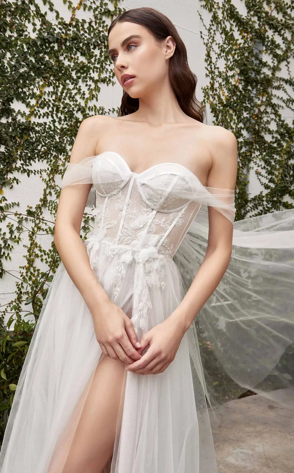 Valeria Off Shoulder Tulle Slit Wedding Dress: Off White