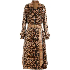Vintage Leopard Trench For Female Lapel Long Sleeve Gathered Waist Colorblock Women's Windbreaker Fashion