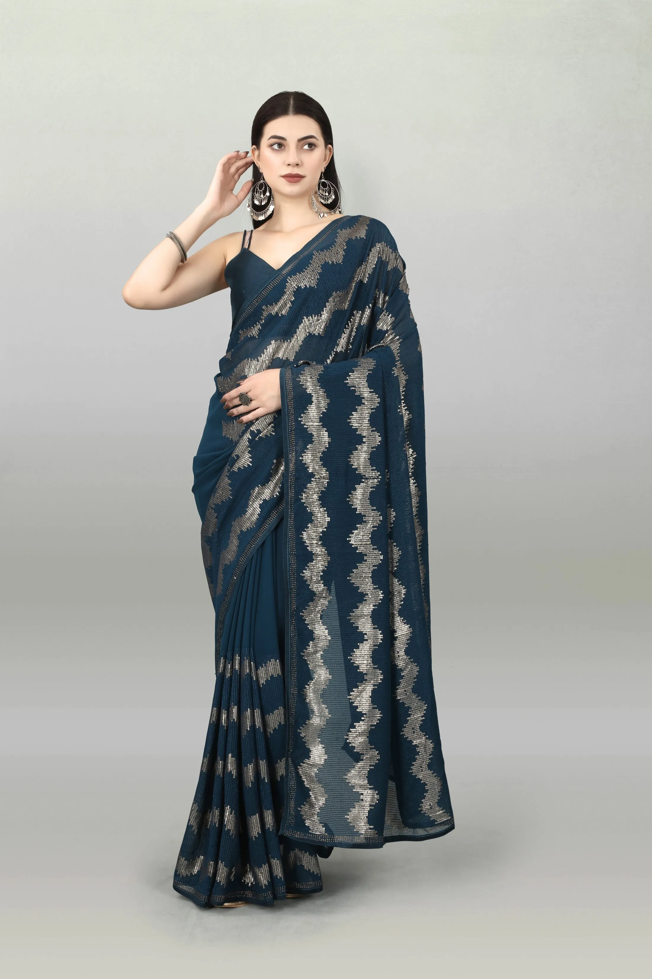Women Party Wear Sequence Worked Pastel Colour Heavy Georgette Saree Collection